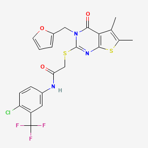 molecular formula C22H17ClF3N3O3S2 B12144389 N-[4-chloro-3-(trifluoromethyl)phenyl]-2-{[3-(furan-2-ylmethyl)-5,6-dimethyl-4-oxo-3,4-dihydrothieno[2,3-d]pyrimidin-2-yl]sulfanyl}acetamide 