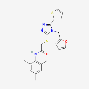 molecular formula C22H22N4O2S2 B12144669 2-{[4-(furan-2-ylmethyl)-5-(thiophen-2-yl)-4H-1,2,4-triazol-3-yl]sulfanyl}-N-(2,4,6-trimethylphenyl)acetamide 