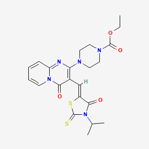 molecular formula C22H25N5O4S2 B12144994 ethyl 4-(4-oxo-3-{(Z)-[4-oxo-3-(propan-2-yl)-2-thioxo-1,3-thiazolidin-5-ylidene]methyl}-4H-pyrido[1,2-a]pyrimidin-2-yl)piperazine-1-carboxylate 
