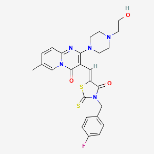 molecular formula C26H26FN5O3S2 B12145172 3-{(Z)-[3-(4-fluorobenzyl)-4-oxo-2-thioxo-1,3-thiazolidin-5-ylidene]methyl}-2-[4-(2-hydroxyethyl)piperazin-1-yl]-7-methyl-4H-pyrido[1,2-a]pyrimidin-4-one 