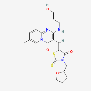 molecular formula C21H24N4O4S2 B12145254 2-[(3-hydroxypropyl)amino]-7-methyl-3-{(Z)-[4-oxo-3-(tetrahydrofuran-2-ylmethyl)-2-thioxo-1,3-thiazolidin-5-ylidene]methyl}-4H-pyrido[1,2-a]pyrimidin-4-one 