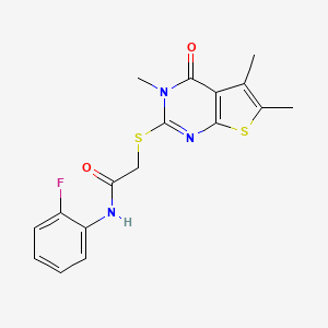 molecular formula C17H16FN3O2S2 B12145312 N-(2-fluorophenyl)-2-[(3,5,6-trimethyl-4-oxo-3,4-dihydrothieno[2,3-d]pyrimidin-2-yl)sulfanyl]acetamide 