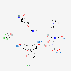 molecular formula C57H69Cl4N5Na4O18 B1214556 Tetrasodium;2-[2-[carboxylatomethyl(carboxymethyl)amino]ethyl-(carboxymethyl)amino]acetate;2-(diethylamino)ethyl 4-amino-3-butoxybenzoate;1-ethenylpyrrolidin-2-one;3-oxospiro[2-benzofuran-1,9'-xanthene]-3',6'-diolate;1,1,1-trichloro-2-methylpropan-2-ol;hydrochloride CAS No. 37209-61-3