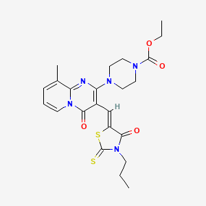 molecular formula C23H27N5O4S2 B12145770 ethyl 4-{9-methyl-4-oxo-3-[(Z)-(4-oxo-3-propyl-2-thioxo-1,3-thiazolidin-5-ylidene)methyl]-4H-pyrido[1,2-a]pyrimidin-2-yl}piperazine-1-carboxylate 