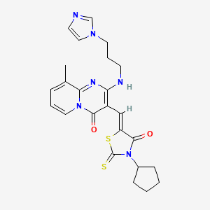 molecular formula C24H26N6O2S2 B12145803 3-[(Z)-(3-cyclopentyl-4-oxo-2-thioxo-1,3-thiazolidin-5-ylidene)methyl]-2-{[3-(1H-imidazol-1-yl)propyl]amino}-9-methyl-4H-pyrido[1,2-a]pyrimidin-4-one 