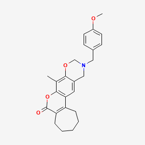 molecular formula C25H27NO4 B12146445 11-(4-methoxybenzyl)-8-methyl-2,3,4,5,11,12-hexahydro-10H-cyclohepta[3,4]chromeno[6,7-e][1,3]oxazin-6(1H)-one 