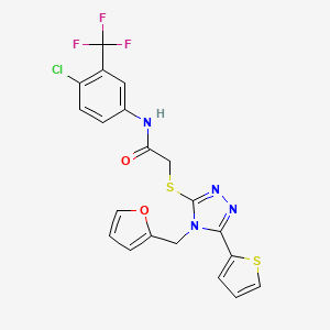 molecular formula C20H14ClF3N4O2S2 B12146567 N-[4-chloro-3-(trifluoromethyl)phenyl]-2-{[4-(furan-2-ylmethyl)-5-(thiophen-2-yl)-4H-1,2,4-triazol-3-yl]sulfanyl}acetamide 