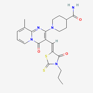 molecular formula C22H25N5O3S2 B12146648 1-{9-methyl-4-oxo-3-[(Z)-(4-oxo-3-propyl-2-thioxo-1,3-thiazolidin-5-ylidene)methyl]-4H-pyrido[1,2-a]pyrimidin-2-yl}piperidine-4-carboxamide 