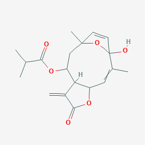 molecular formula C19H24O6 B1214686 (1-Hydroxy-2,11-dimethyl-7-methylidene-6-oxo-5,14-dioxatricyclo[9.2.1.04,8]tetradeca-2,12-dien-9-yl) 2-methylpropanoate 