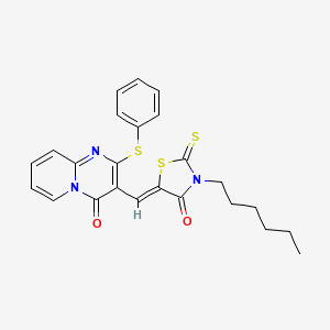 molecular formula C24H23N3O2S3 B12147209 3-[(Z)-(3-hexyl-4-oxo-2-thioxo-1,3-thiazolidin-5-ylidene)methyl]-2-(phenylsulfanyl)-4H-pyrido[1,2-a]pyrimidin-4-one 