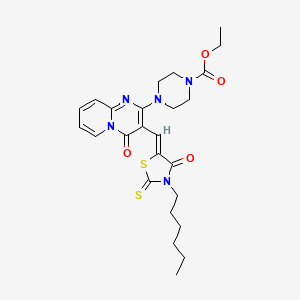 molecular formula C25H31N5O4S2 B12147393 ethyl 4-{3-[(Z)-(3-hexyl-4-oxo-2-thioxo-1,3-thiazolidin-5-ylidene)methyl]-4-oxo-4H-pyrido[1,2-a]pyrimidin-2-yl}piperazine-1-carboxylate 