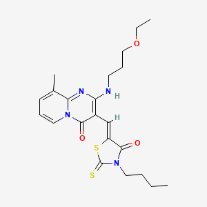 molecular formula C22H28N4O3S2 B12147409 3-[(Z)-(3-butyl-4-oxo-2-thioxo-1,3-thiazolidin-5-ylidene)methyl]-2-[(3-ethoxypropyl)amino]-9-methyl-4H-pyrido[1,2-a]pyrimidin-4-one 