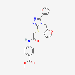 molecular formula C21H18N4O5S B12147833 methyl 4-[({[5-(furan-2-yl)-4-(furan-2-ylmethyl)-4H-1,2,4-triazol-3-yl]sulfanyl}acetyl)amino]benzoate 