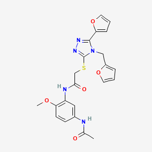 molecular formula C22H21N5O5S B12148575 N-[5-(acetylamino)-2-methoxyphenyl]-2-[5-(2-furyl)-4-(2-furylmethyl)(1,2,4-tri azol-3-ylthio)]acetamide 