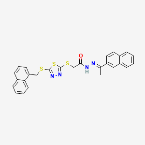molecular formula C27H22N4OS3 B12148753 N'-[(1E)-1-(naphthalen-2-yl)ethylidene]-2-({5-[(naphthalen-1-ylmethyl)sulfanyl]-1,3,4-thiadiazol-2-yl}sulfanyl)acetohydrazide 