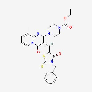 molecular formula C27H27N5O4S2 B12148883 ethyl 4-{3-[(Z)-(3-benzyl-4-oxo-2-thioxo-1,3-thiazolidin-5-ylidene)methyl]-9-methyl-4-oxo-4H-pyrido[1,2-a]pyrimidin-2-yl}piperazine-1-carboxylate 