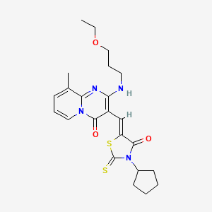 molecular formula C23H28N4O3S2 B12149204 3-[(Z)-(3-cyclopentyl-4-oxo-2-thioxo-1,3-thiazolidin-5-ylidene)methyl]-2-[(3-ethoxypropyl)amino]-9-methyl-4H-pyrido[1,2-a]pyrimidin-4-one 