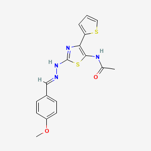 molecular formula C17H16N4O2S2 B12149310 N-{2-[(2E)-2-(4-methoxybenzylidene)hydrazinyl]-4-(thiophen-2-yl)-1,3-thiazol-5-yl}acetamide 