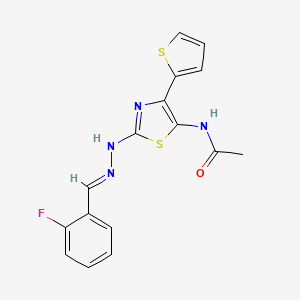 molecular formula C16H13FN4OS2 B12149353 N-{2-[(2E)-2-(2-fluorobenzylidene)hydrazinyl]-4-(thiophen-2-yl)-1,3-thiazol-5-yl}acetamide 