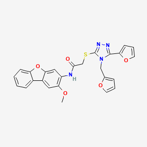 molecular formula C26H20N4O5S B12149438 Acetamide,2-[[5-(furan-2-YL)-4-(furan-2-ylmethyl)-4H-1,2,4-triazol-3-YL]thio]-N-(2-methoxy-3-dibenzofuranyl)- 