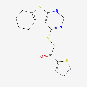 molecular formula C16H14N2OS3 B12149495 2-(5,6,7,8-Tetrahydro[1]benzothieno[2,3-d]pyrimidin-4-ylsulfanyl)-1-(thiophen-2-yl)ethanone 