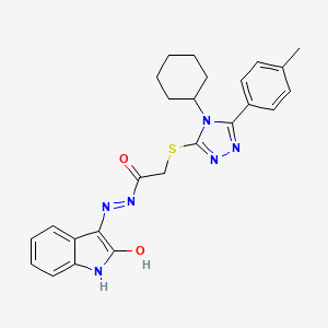 molecular formula C25H26N6O2S B12150257 2-{[4-cyclohexyl-5-(4-methylphenyl)-4H-1,2,4-triazol-3-yl]sulfanyl}-N'-[(3E)-2-oxo-1,2-dihydro-3H-indol-3-ylidene]acetohydrazide 