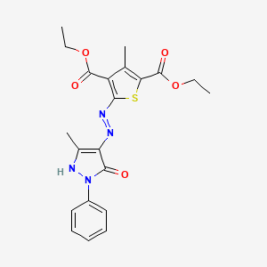 molecular formula C21H22N4O5S B12150304 diethyl 3-methyl-5-[(2E)-2-(3-methyl-5-oxo-1-phenyl-1,5-dihydro-4H-pyrazol-4-ylidene)hydrazinyl]thiophene-2,4-dicarboxylate 