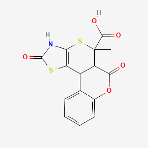 molecular formula C15H11NO5S2 B12150375 11-Methyl-9,15-dioxo-8-oxa-12,16-dithia-14-azatetracyclo[8.7.0.0^{2,7}.0^{13,17}]heptadeca-2(7),3,5,13(17)-tetraene-11-carboxylic acid 