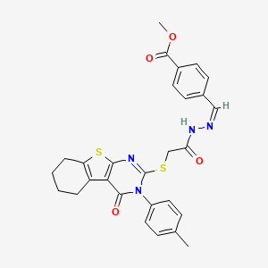 molecular formula C28H26N4O4S2 B12150511 methyl 4-{(Z)-[2-({[3-(4-methylphenyl)-4-oxo-3,4,5,6,7,8-hexahydro[1]benzothieno[2,3-d]pyrimidin-2-yl]sulfanyl}acetyl)hydrazinylidene]methyl}benzoate 