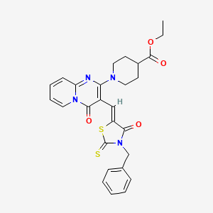 molecular formula C27H26N4O4S2 B12151647 ethyl 1-{3-[(Z)-(3-benzyl-4-oxo-2-thioxo-1,3-thiazolidin-5-ylidene)methyl]-4-oxo-4H-pyrido[1,2-a]pyrimidin-2-yl}piperidine-4-carboxylate 
