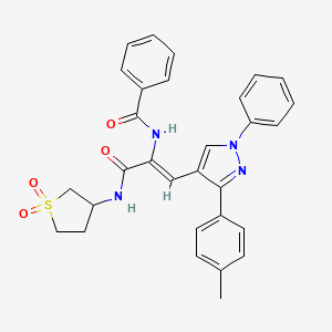 molecular formula C30H28N4O4S B12151725 N-{(1Z)-3-[(1,1-dioxidotetrahydrothiophen-3-yl)amino]-1-[3-(4-methylphenyl)-1-phenyl-1H-pyrazol-4-yl]-3-oxoprop-1-en-2-yl}benzamide 