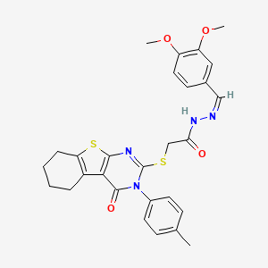 molecular formula C28H28N4O4S2 B12151884 N'-[(Z)-(3,4-dimethoxyphenyl)methylidene]-2-{[3-(4-methylphenyl)-4-oxo-3,4,5,6,7,8-hexahydro[1]benzothieno[2,3-d]pyrimidin-2-yl]sulfanyl}acetohydrazide 