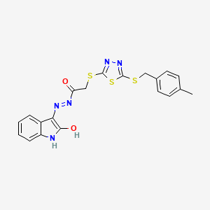 molecular formula C20H17N5O2S3 B12152307 2-({5-[(4-methylbenzyl)sulfanyl]-1,3,4-thiadiazol-2-yl}sulfanyl)-N'-[(3E)-2-oxo-1,2-dihydro-3H-indol-3-ylidene]acetohydrazide 