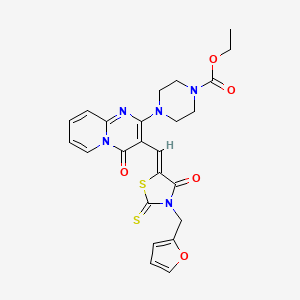 molecular formula C24H23N5O5S2 B12152504 ethyl 4-(3-{(Z)-[3-(furan-2-ylmethyl)-4-oxo-2-thioxo-1,3-thiazolidin-5-ylidene]methyl}-4-oxo-4H-pyrido[1,2-a]pyrimidin-2-yl)piperazine-1-carboxylate 