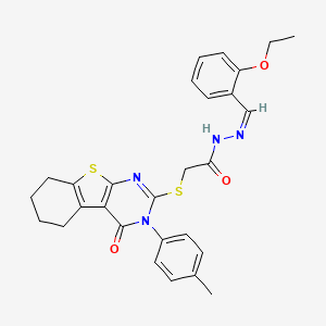 molecular formula C28H28N4O3S2 B12152788 N'-[(Z)-(2-ethoxyphenyl)methylidene]-2-{[3-(4-methylphenyl)-4-oxo-3,4,5,6,7,8-hexahydro[1]benzothieno[2,3-d]pyrimidin-2-yl]sulfanyl}acetohydrazide 