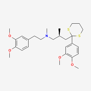 molecular formula C27H39NO4S2 B1215330 1,3-Dithiane-2-propanamine, 2-(3,4-dimethoxyphenyl)-N-(2-(3,4-dimethoxyphenyl)ethyl)-N,beta-dimethyl-, (S)- CAS No. 168037-93-2