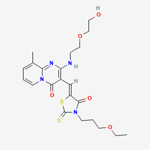 molecular formula C22H28N4O5S2 B12154709 3-{(Z)-[3-(3-ethoxypropyl)-4-oxo-2-thioxo-1,3-thiazolidin-5-ylidene]methyl}-2-{[2-(2-hydroxyethoxy)ethyl]amino}-9-methyl-4H-pyrido[1,2-a]pyrimidin-4-one 