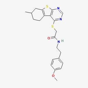 molecular formula C22H25N3O2S2 B12154936 N-[2-(4-methoxyphenyl)ethyl]-2-[(7-methyl-5,6,7,8-tetrahydro[1]benzothieno[2,3-d]pyrimidin-4-yl)sulfanyl]acetamide 