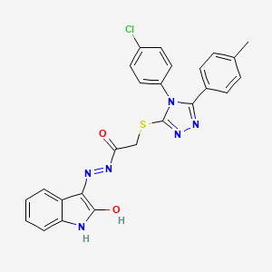 molecular formula C25H19ClN6O2S B12155348 2-{[4-(4-chlorophenyl)-5-(4-methylphenyl)-4H-1,2,4-triazol-3-yl]sulfanyl}-N'-[(3E)-2-oxo-1,2-dihydro-3H-indol-3-ylidene]acetohydrazide 