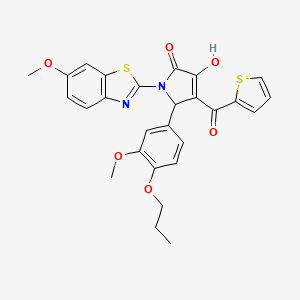 molecular formula C27H24N2O6S2 B12156100 (4E)-4-[hydroxy(thiophen-2-yl)methylidene]-1-(6-methoxy-1,3-benzothiazol-2-yl)-5-(3-methoxy-4-propoxyphenyl)pyrrolidine-2,3-dione 