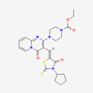 molecular formula C24H27N5O4S2 B12156611 ethyl 4-{3-[(Z)-(3-cyclopentyl-4-oxo-2-thioxo-1,3-thiazolidin-5-ylidene)methyl]-4-oxo-4H-pyrido[1,2-a]pyrimidin-2-yl}piperazine-1-carboxylate 