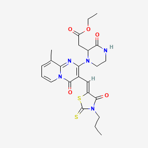 molecular formula C24H27N5O5S2 B12157574 ethyl 2-[1-[9-methyl-4-oxo-3-[(Z)-(4-oxo-3-propyl-2-sulfanylidene-1,3-thiazolidin-5-ylidene)methyl]pyrido[1,2-a]pyrimidin-2-yl]-3-oxopiperazin-2-yl]acetate 