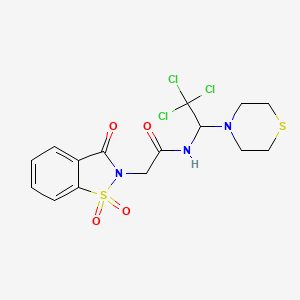 molecular formula C15H16Cl3N3O4S2 B12157906 2-(1,1-dioxido-3-oxo-1,2-benzothiazol-2(3H)-yl)-N-[2,2,2-trichloro-1-(thiomorpholin-4-yl)ethyl]acetamide 