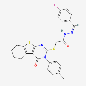 molecular formula C26H23FN4O2S2 B12158093 N'-[(Z)-(4-fluorophenyl)methylidene]-2-{[3-(4-methylphenyl)-4-oxo-3,4,5,6,7,8-hexahydro[1]benzothieno[2,3-d]pyrimidin-2-yl]sulfanyl}acetohydrazide 