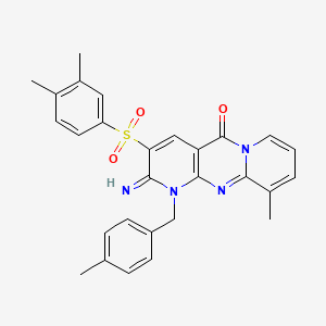 molecular formula C28H26N4O3S B12158191 3-[(3,4-Dimethylphenyl)sulfonyl]-2-imino-10-methyl-1-[(4-methylphenyl)methyl]-1,6-dihydropyridino[2,3-d]pyridino[1,2-a]pyrimidin-5-one 