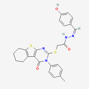 molecular formula C26H24N4O3S2 B12159148 N'-[(Z)-(4-hydroxyphenyl)methylidene]-2-{[3-(4-methylphenyl)-4-oxo-3,4,5,6,7,8-hexahydro[1]benzothieno[2,3-d]pyrimidin-2-yl]sulfanyl}acetohydrazide 