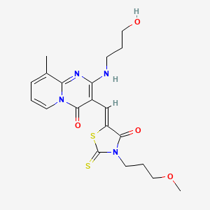molecular formula C20H24N4O4S2 B12160127 2-[(3-hydroxypropyl)amino]-3-{(Z)-[3-(3-methoxypropyl)-4-oxo-2-thioxo-1,3-thiazolidin-5-ylidene]methyl}-9-methyl-4H-pyrido[1,2-a]pyrimidin-4-one 