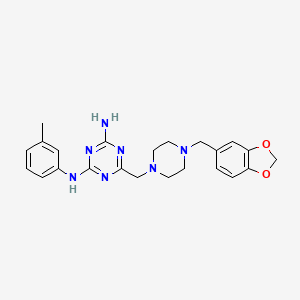 molecular formula C23H27N7O2 B1216023 6-[[4-(1,3-benzodioxol-5-ylmethyl)-1-piperazinyl]methyl]-N2-(3-methylphenyl)-1,3,5-triazine-2,4-diamine 