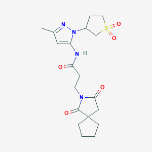 molecular formula C19H26N4O5S B12161252 N-[1-(1,1-dioxidotetrahydrothiophen-3-yl)-3-methyl-1H-pyrazol-5-yl]-3-(1,3-dioxo-2-azaspiro[4.4]non-2-yl)propanamide 