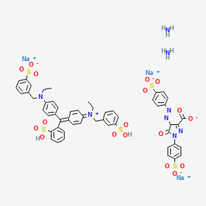 molecular formula C53H51N8Na3O18S5 B1216219 Trisodium;azane;3-[[N-ethyl-4-[[4-[ethyl-[(3-sulfophenyl)methyl]azaniumylidene]cyclohexa-2,5-dien-1-ylidene]-(2-sulfophenyl)methyl]anilino]methyl]benzenesulfonate;5-oxo-1-(4-sulfonatophenyl)-4-[(4-sulfonatophenyl)diazenyl]-4H-pyrazole-3-carboxylate CAS No. 92170-50-8